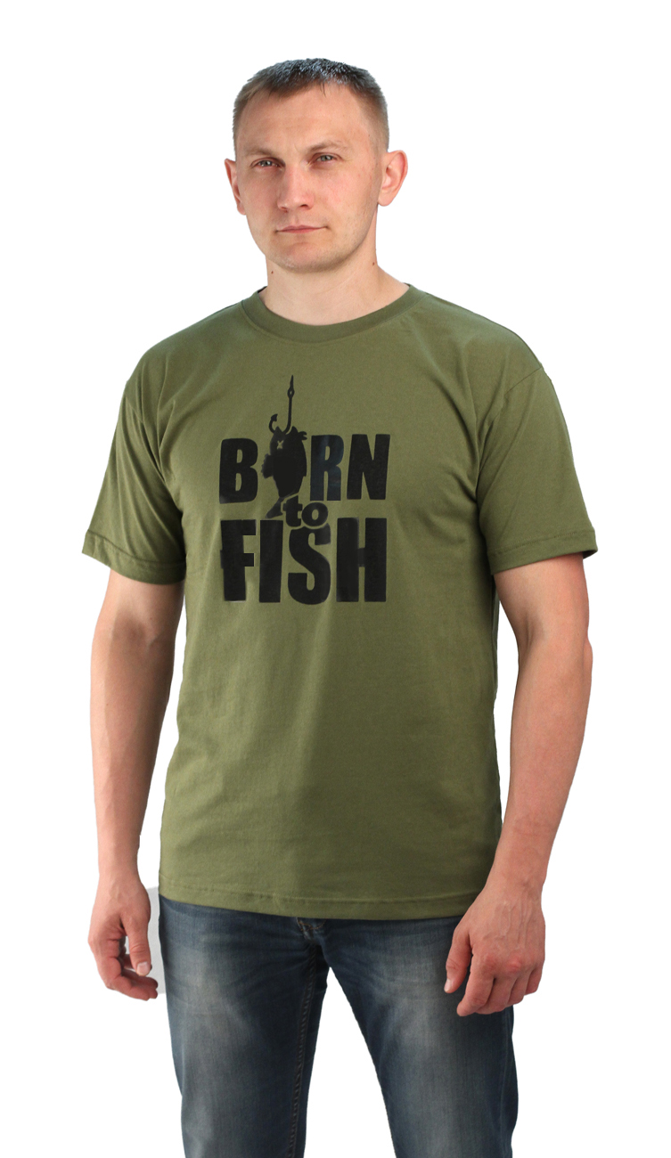 Футболка цв.хаки. Принт "Born to fish"